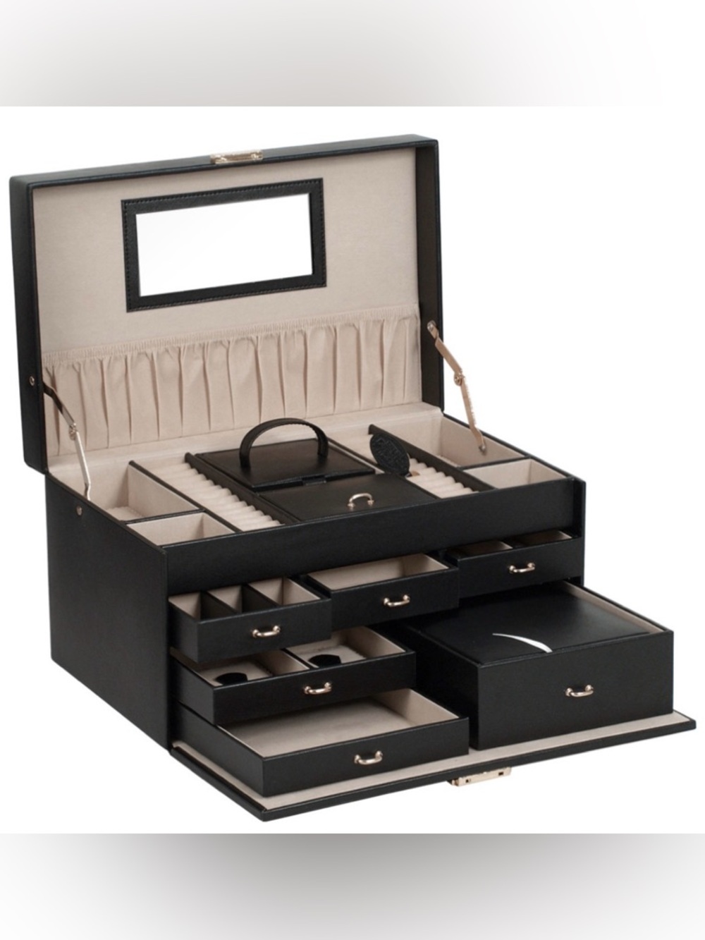 Black Faux Leather Jewelry Organizer Box with Beige Interior
